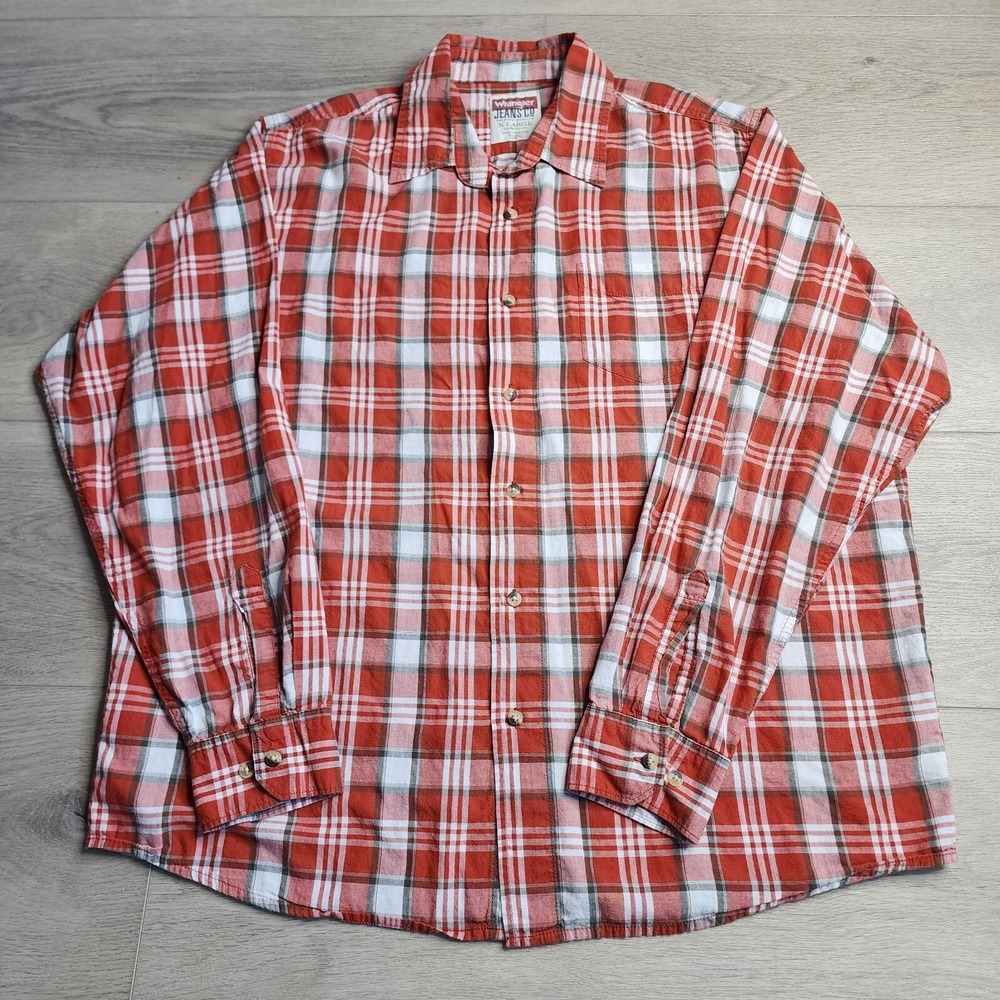Wrangler Jeans Co Mens XL Plaid Button Down Shirt Orange White Long Sleeve